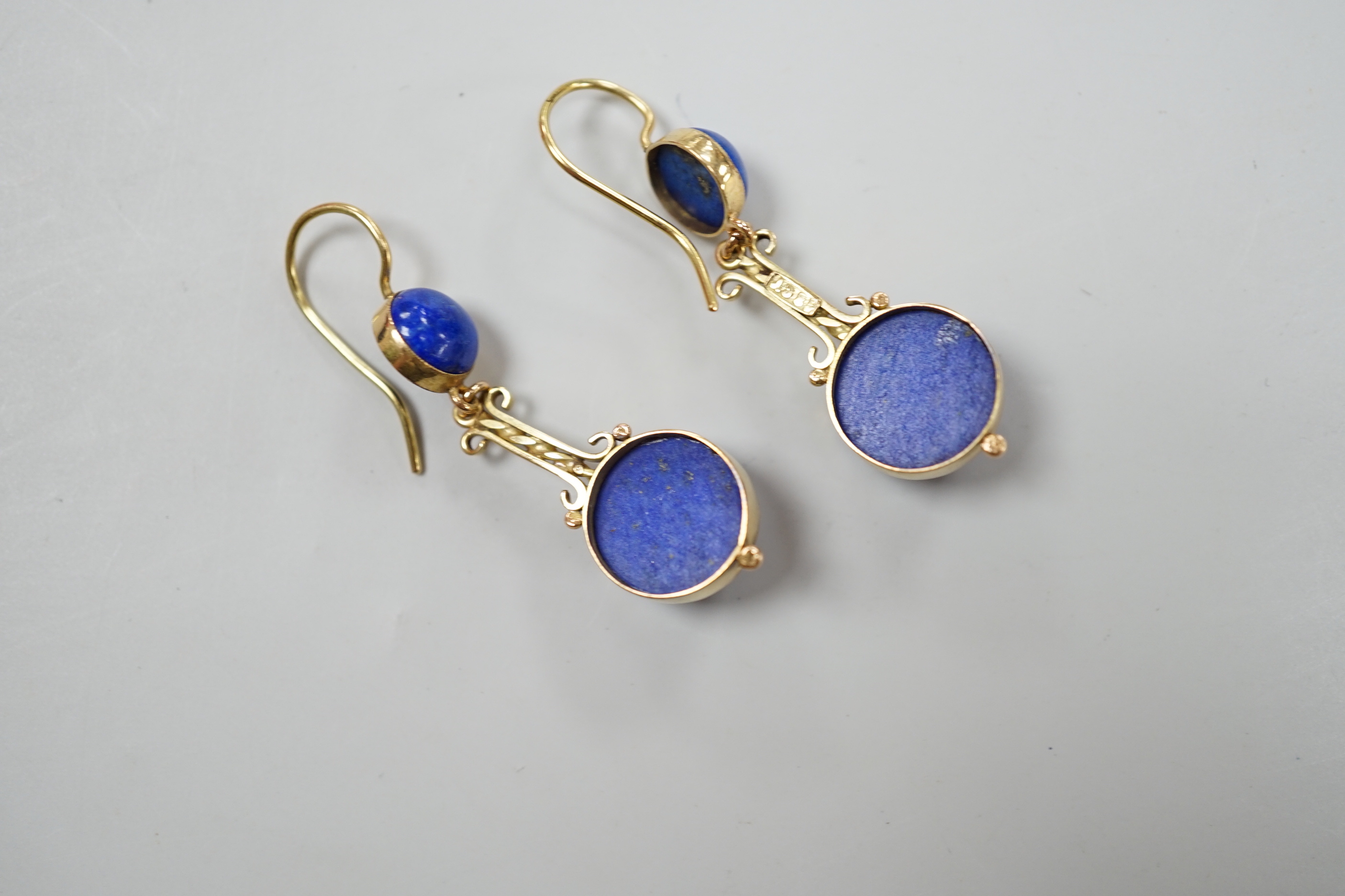 A pair of Victorian style gold and lapis lazuli drop earrings, 3.5cm, gross 7.6 grams